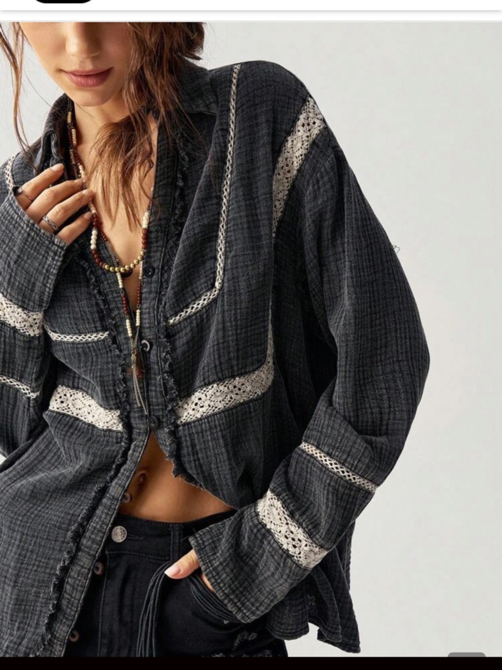 Woven Lace-Trim Button-Front Jacket Top — Black - Picture 6 of 12
